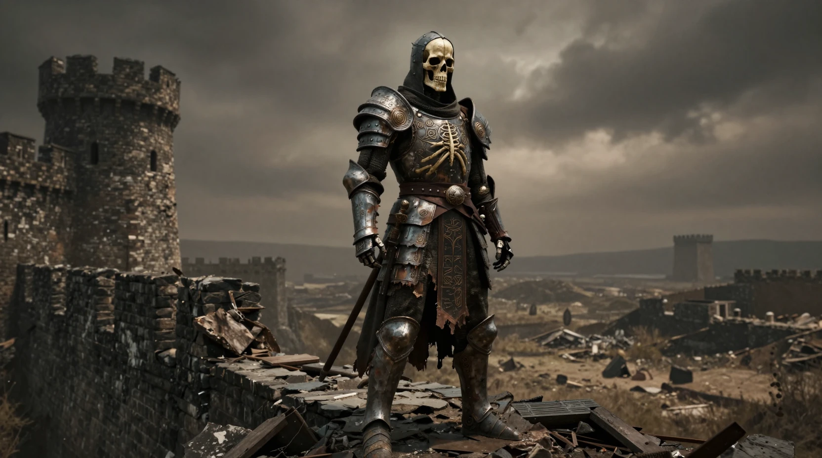Spectral Skeleton Warrior On A Crumbling Fortress Wall