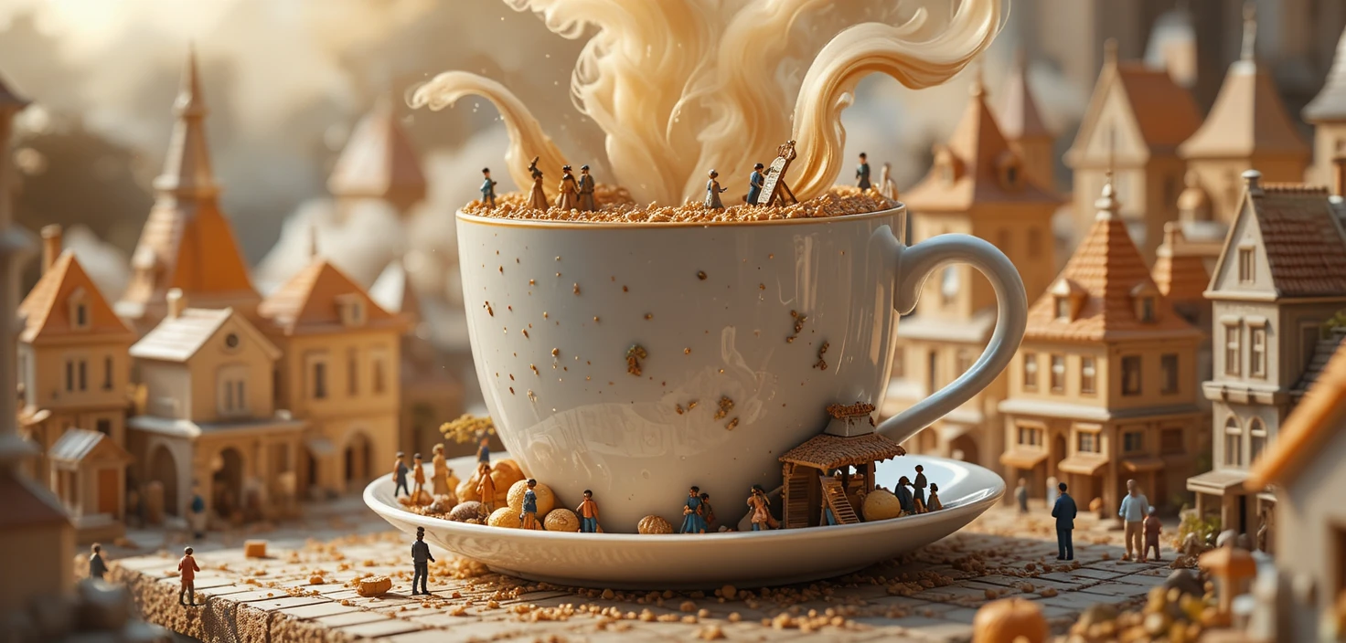 Géante tasse de café s’élevant au-dessus d’une ville miniature fantaisiste