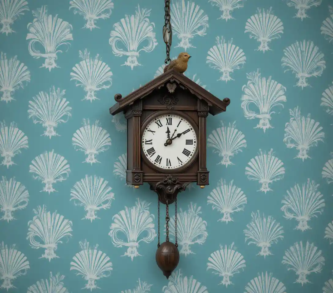 Orologio a cucù vintage su carta da parati verde petrolio con motivo di leoni
