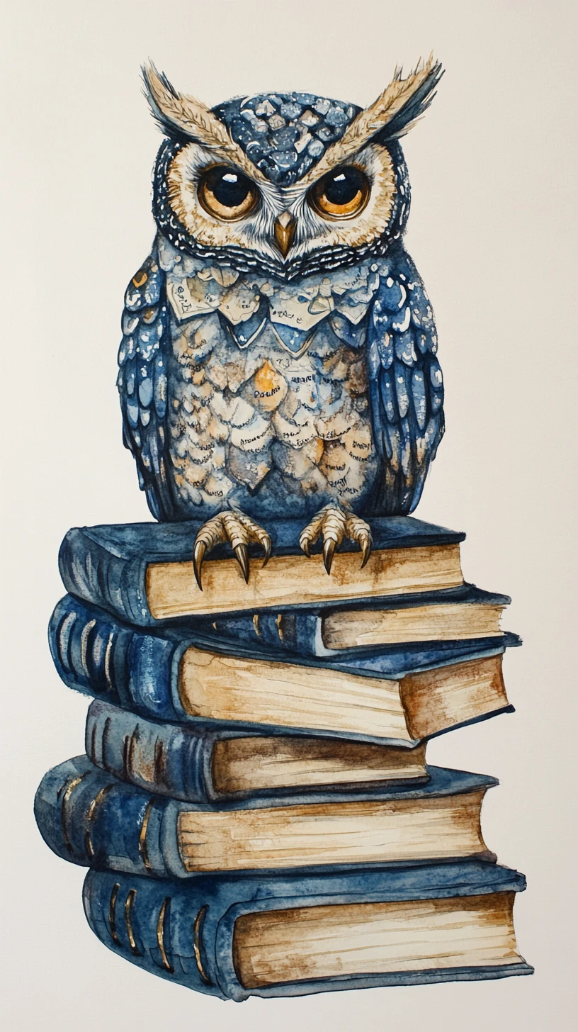 Chouette en aquarelle onirique à côté d’une haute pile de livres
