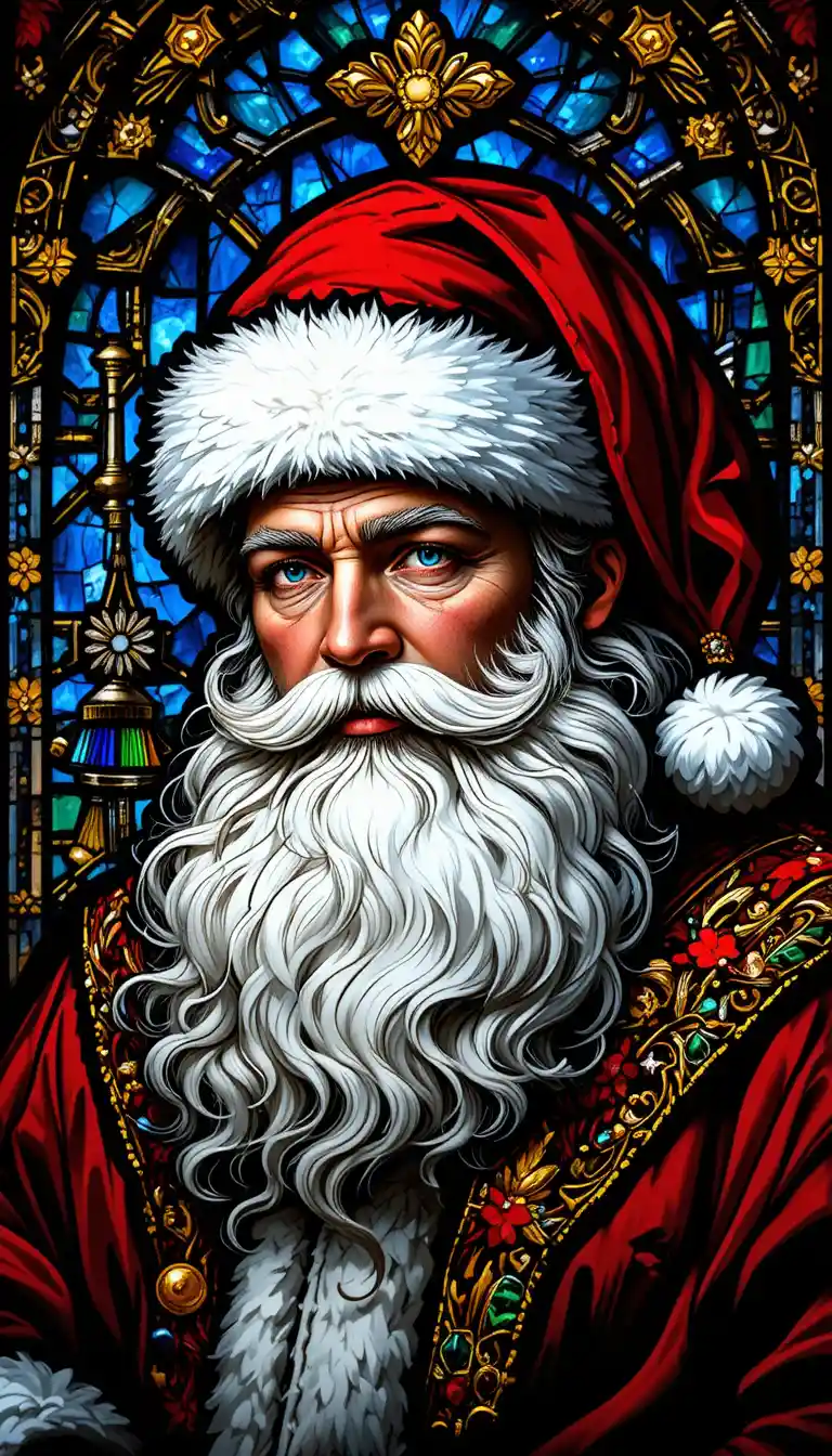 Maestoso ritratto in vetro colorato di Babbo Natale dagli occhi azzurri