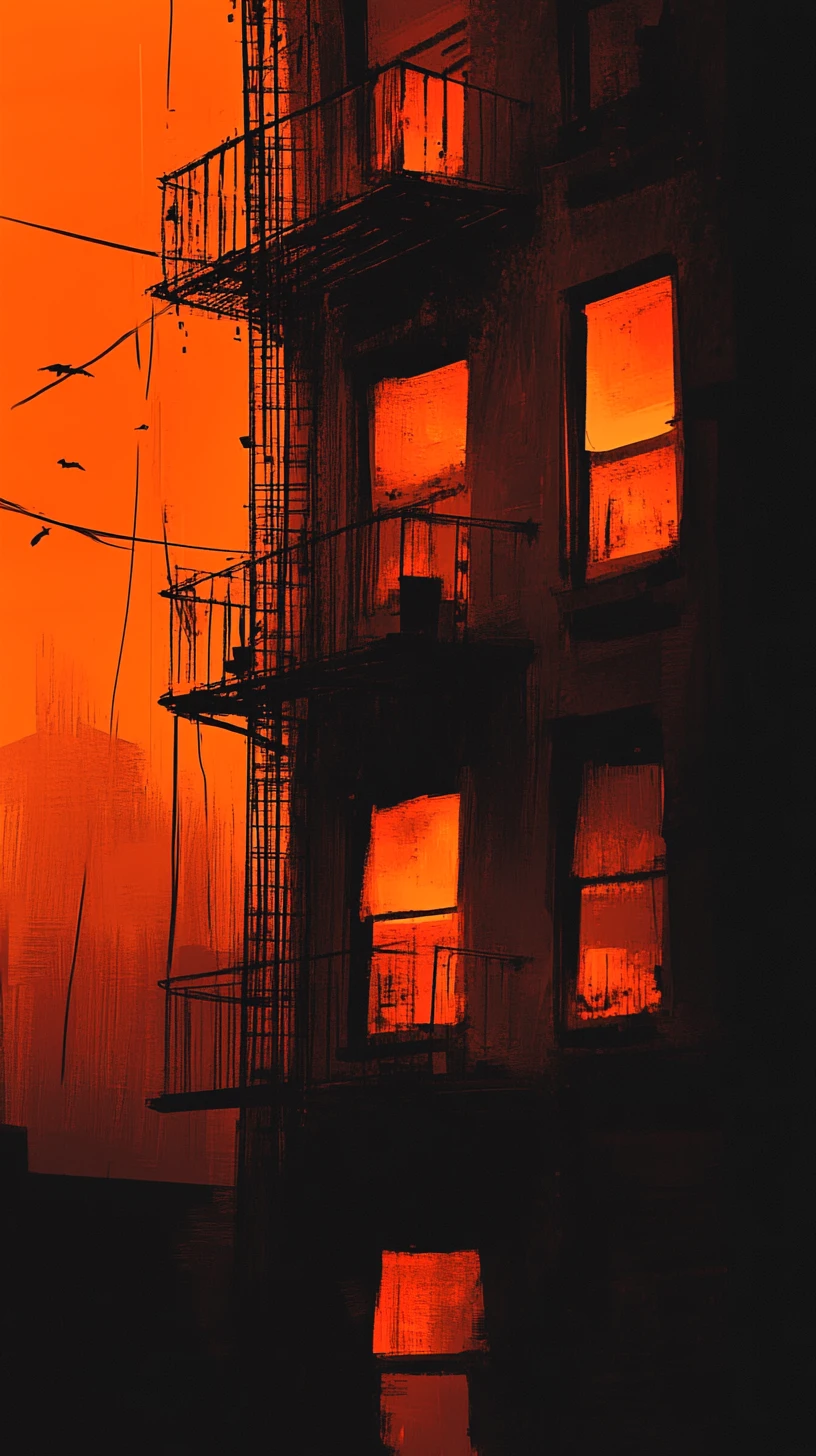Fachada de apartamento en niebla naranja con ventanas rojas brillantes
