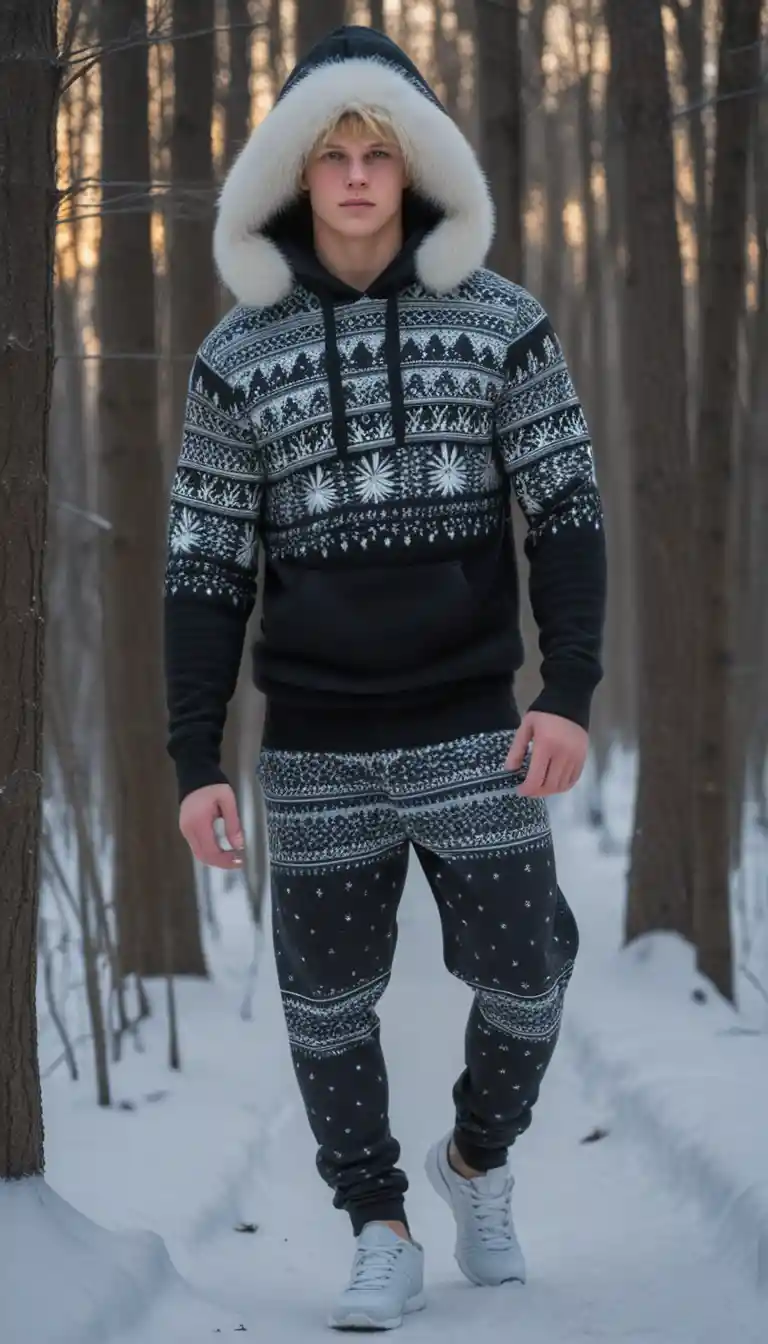 Ragazzo adolescente con leggings in pile che cammina in una foresta invernale
