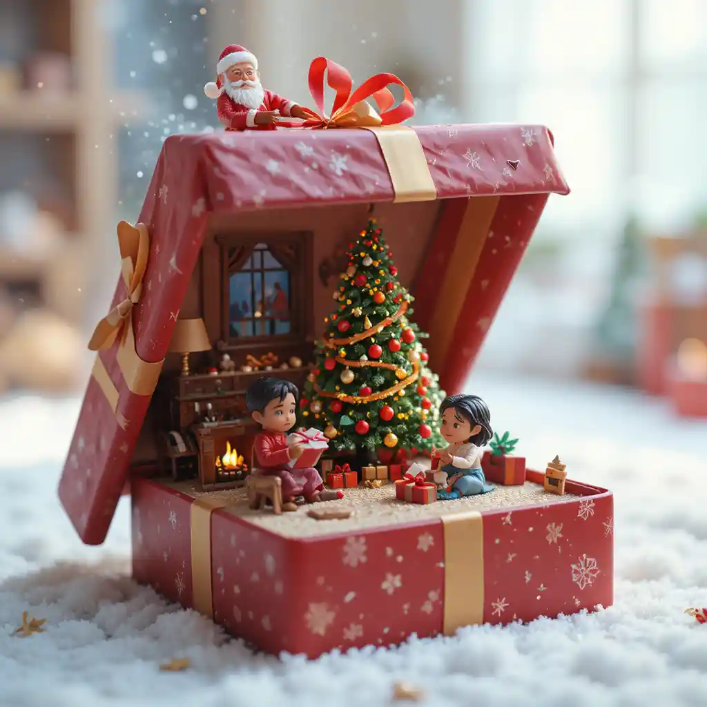 Miniature Christmas gift diorama with children by the tree