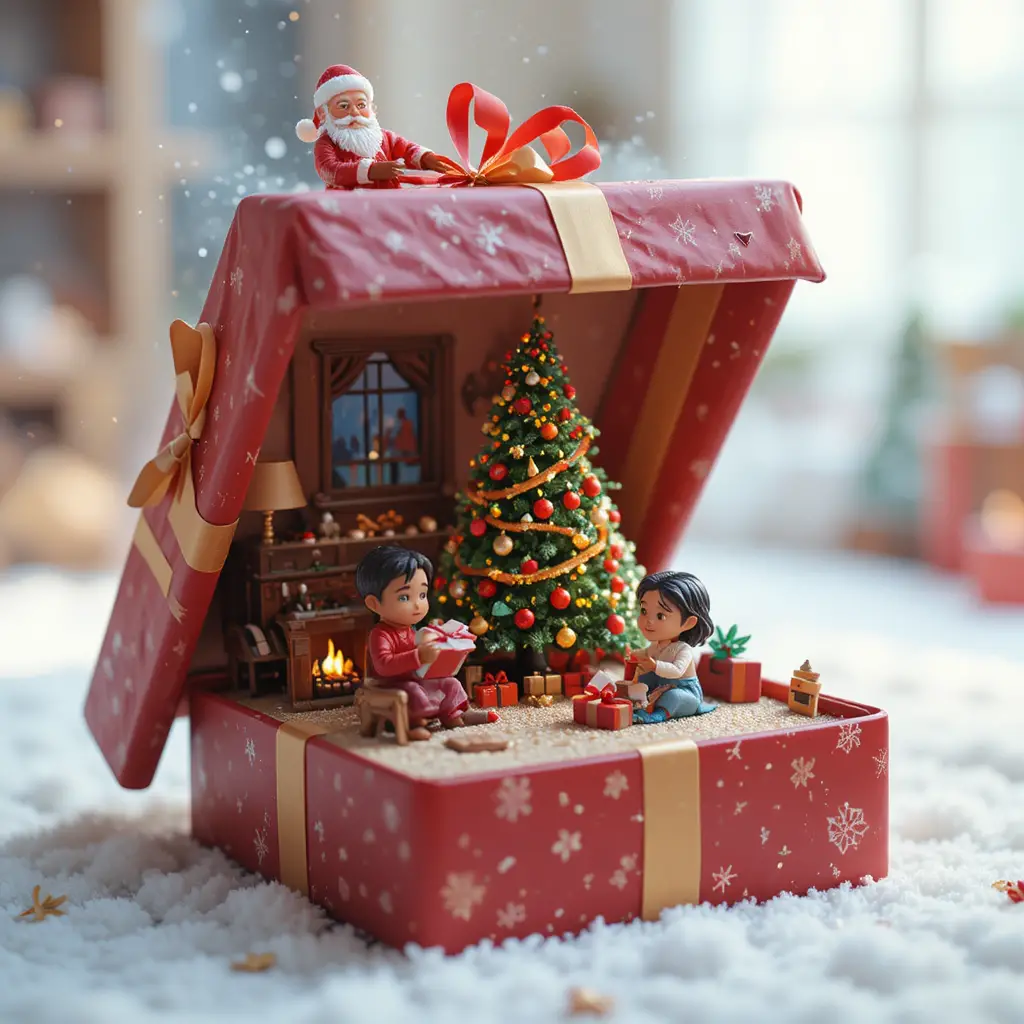 Miniature Christmas gift diorama with children by the tree