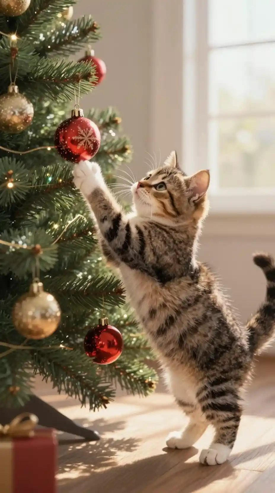 Gatinho tigrado brincando com bola na árvore de Natal