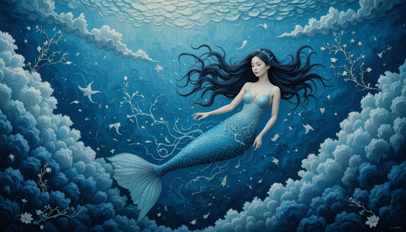 Sereia surreal flutuando por nuvens subaquáticas em azul profundo