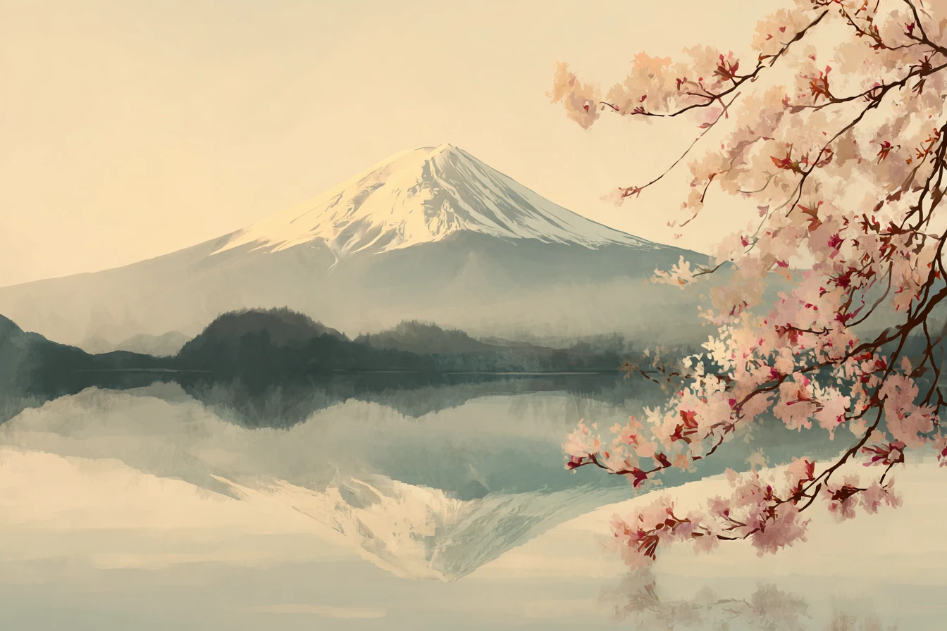 Monte Fuji com flores de cerejeira refletidas em um lago calmo