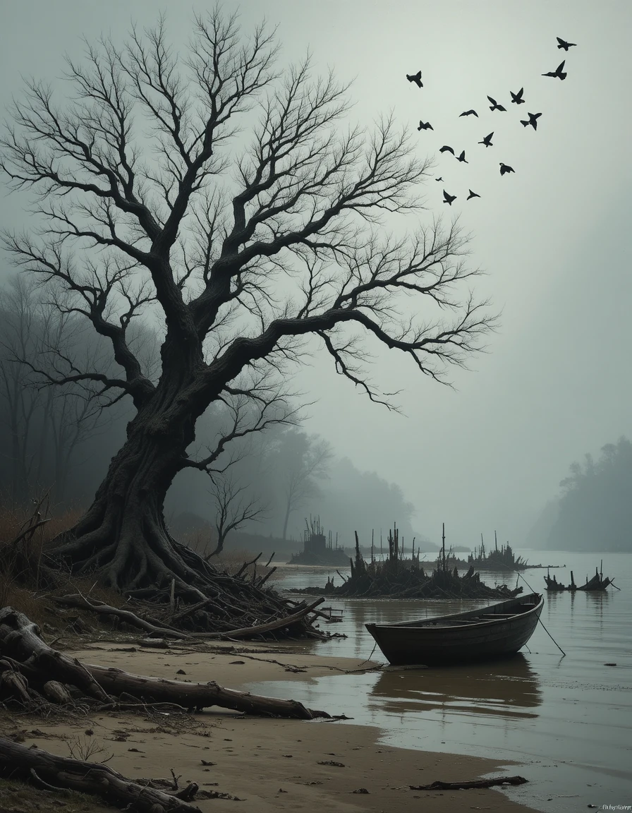 Melancholischer Baum an einem nebligen Seeufer mit ferner Küste