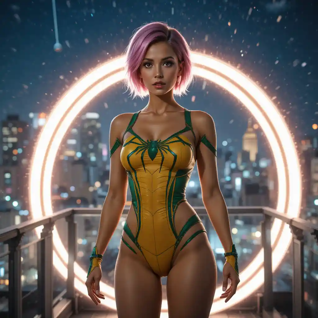 Confident pink haired superhero woman on a city rooftop