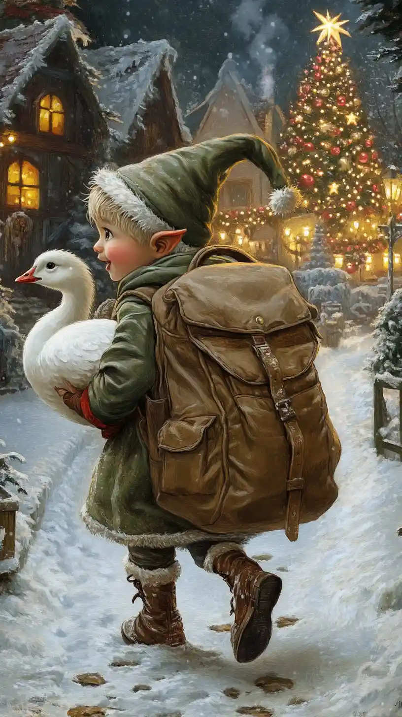 Cute Christmas elf sneaking with backpack in snowy farm