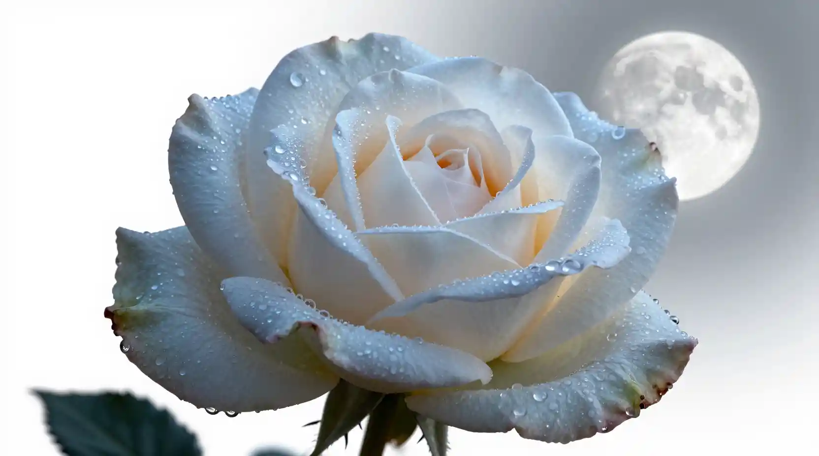 Mondbeschienene Rose mit Morgentau im ätherischen weißen Raum