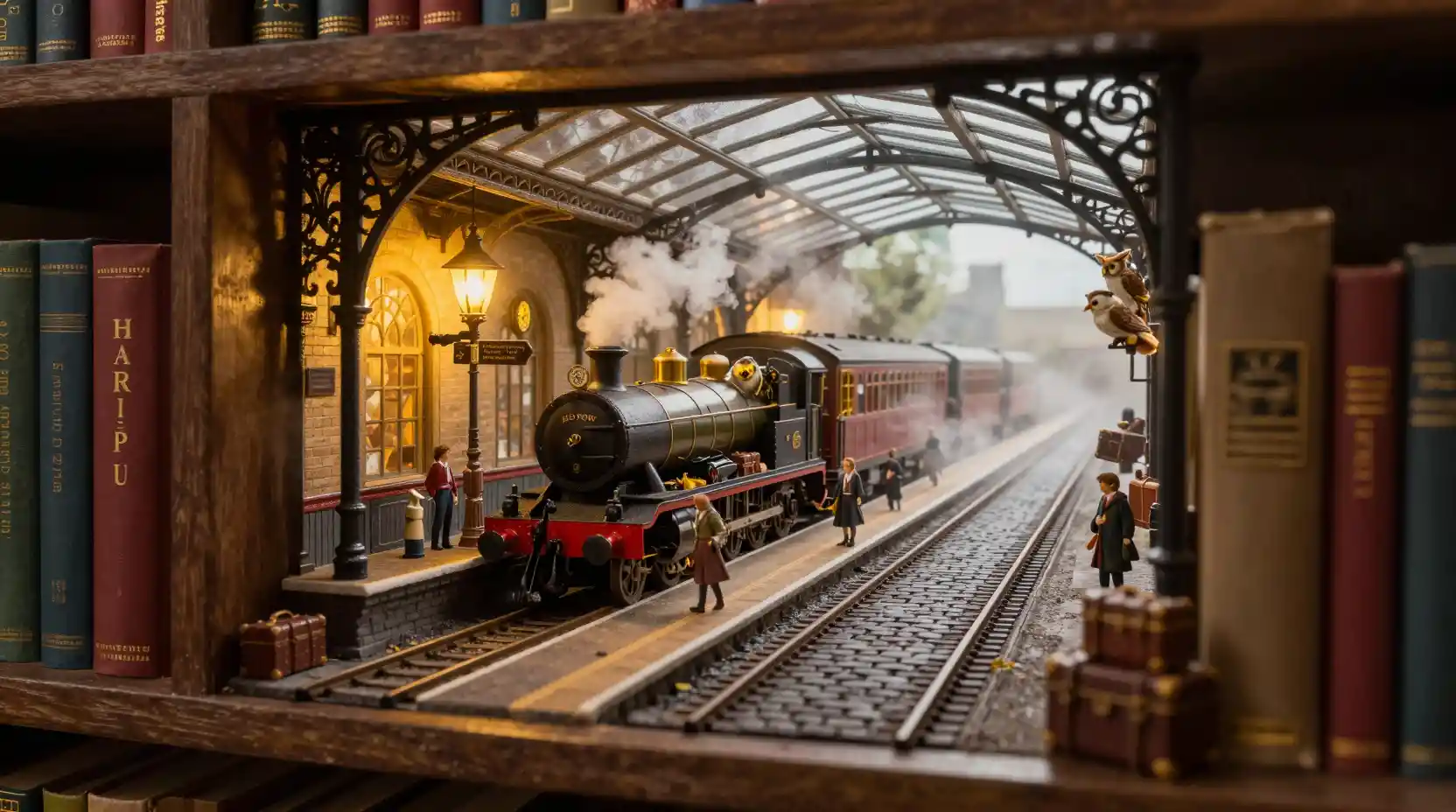 Magical miniature train platform hidden between towering books