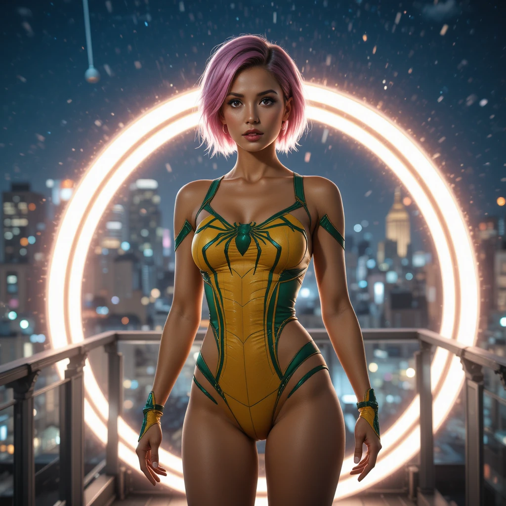 Confident pink haired superhero woman on a city rooftop