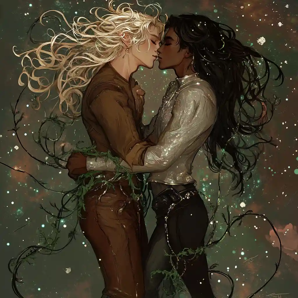 Young male couple kissing together under a starry sky