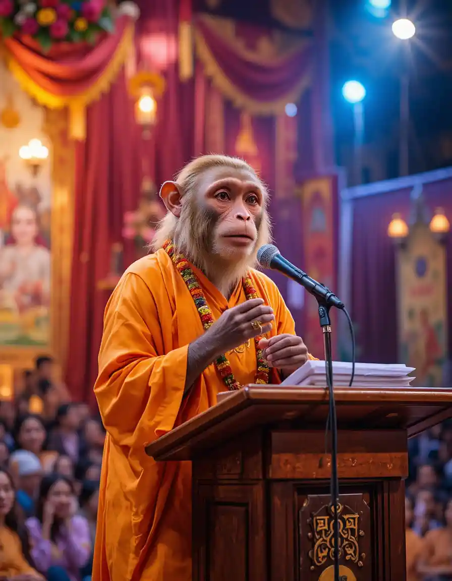 Singe spirituel donnant un sermon sur une scène décorée