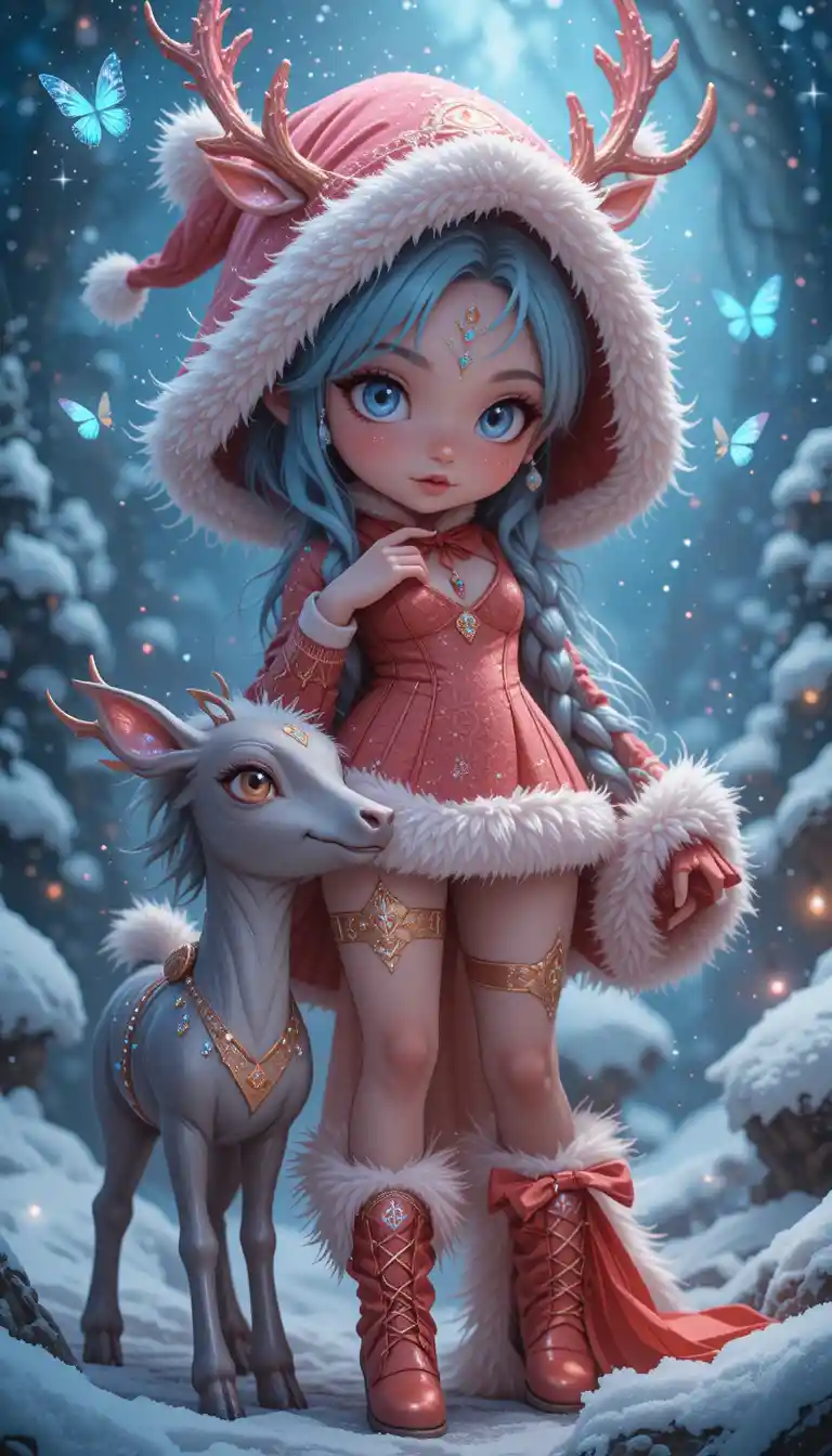 Garota rena de anime com traje mágico de Natal na neve
