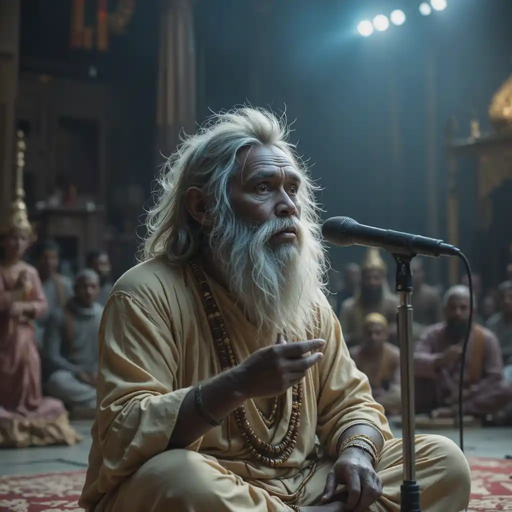 Monkey storyteller dressed as sadhu on devotional stage