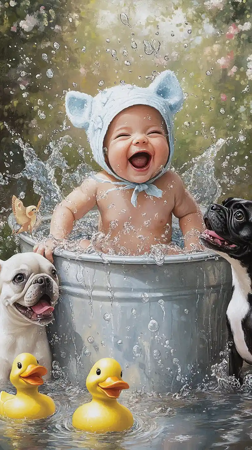 Lachendes Baby in der Wanne mit verspielten Französischen Bulldoggen