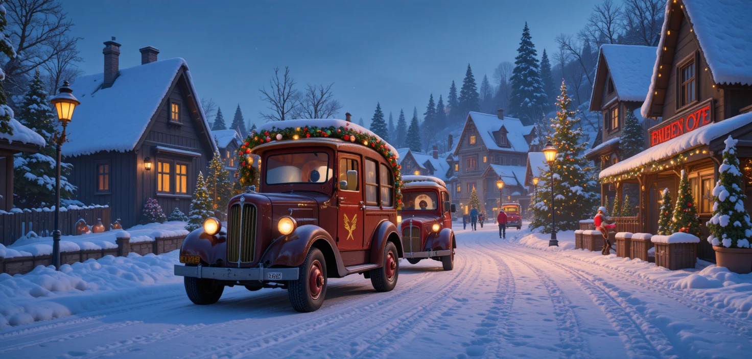 Corrida de carros-tronco de Natal por uma acolhedora vila de inverno