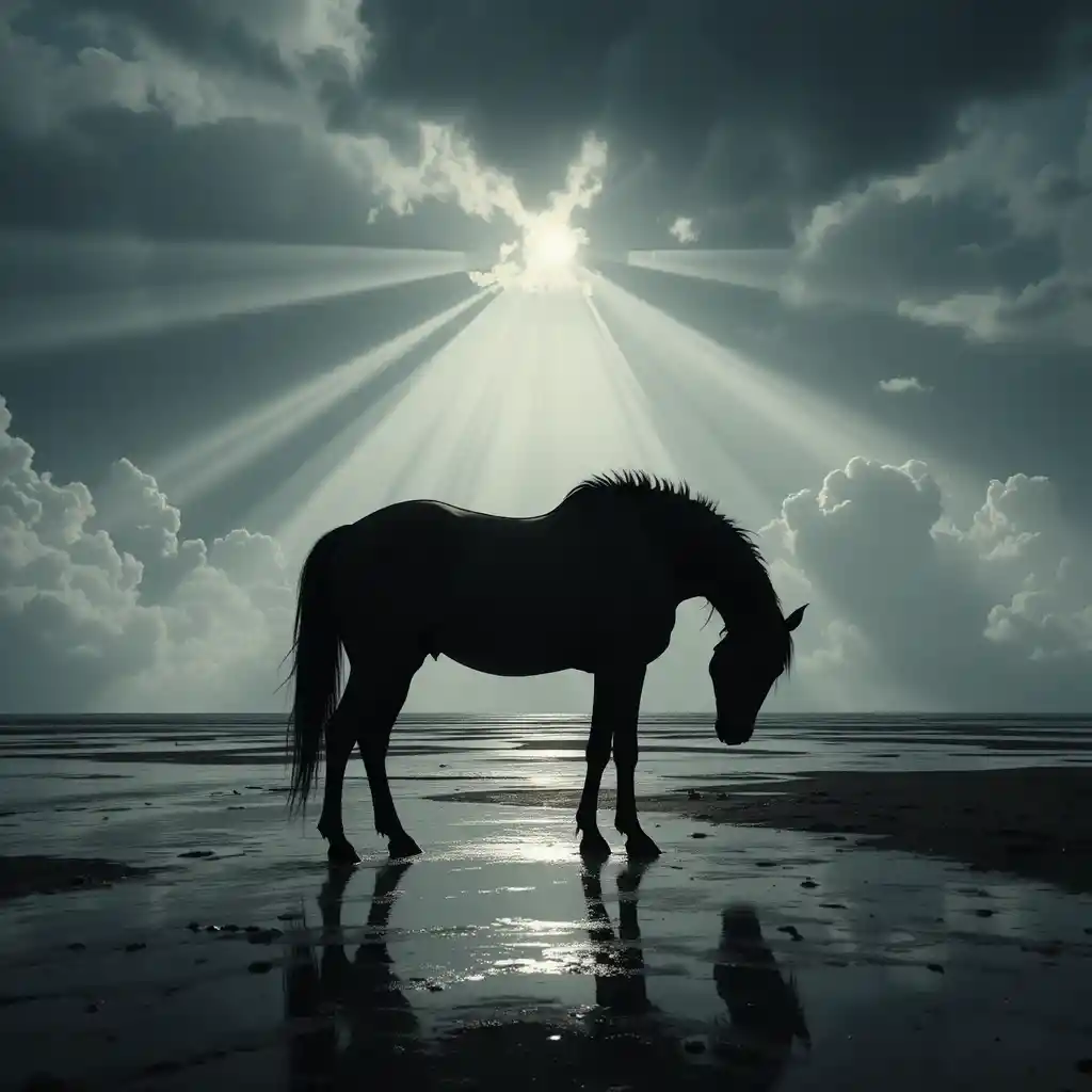Silhouetted horse reflected on wet beach under radiant sky