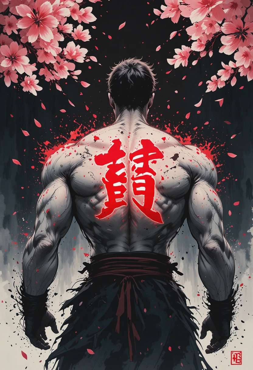 Artista marcial em tinta com kanji brilhante e pétalas ao vento