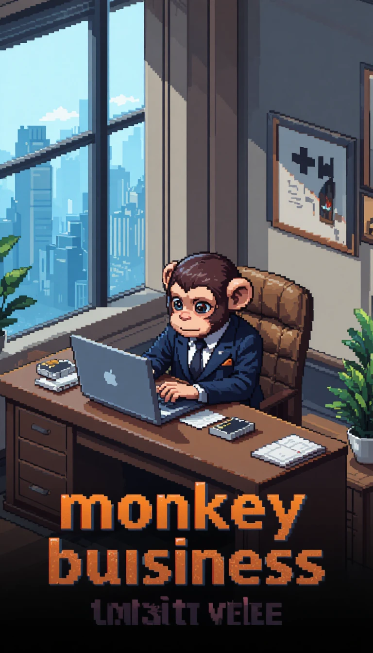 Adorable singe en pixel art en costume à un bureau de travail