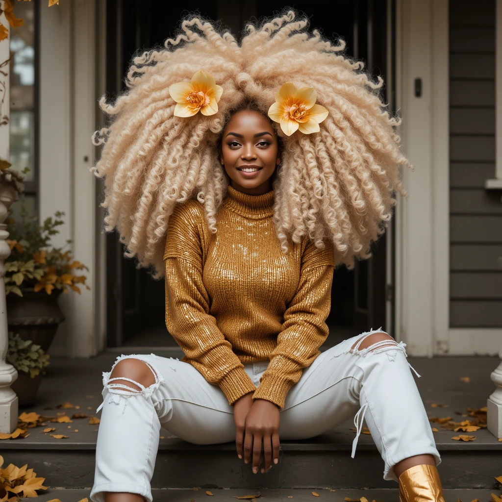 Donna felice con ricci afro seduta su un portico autunnale