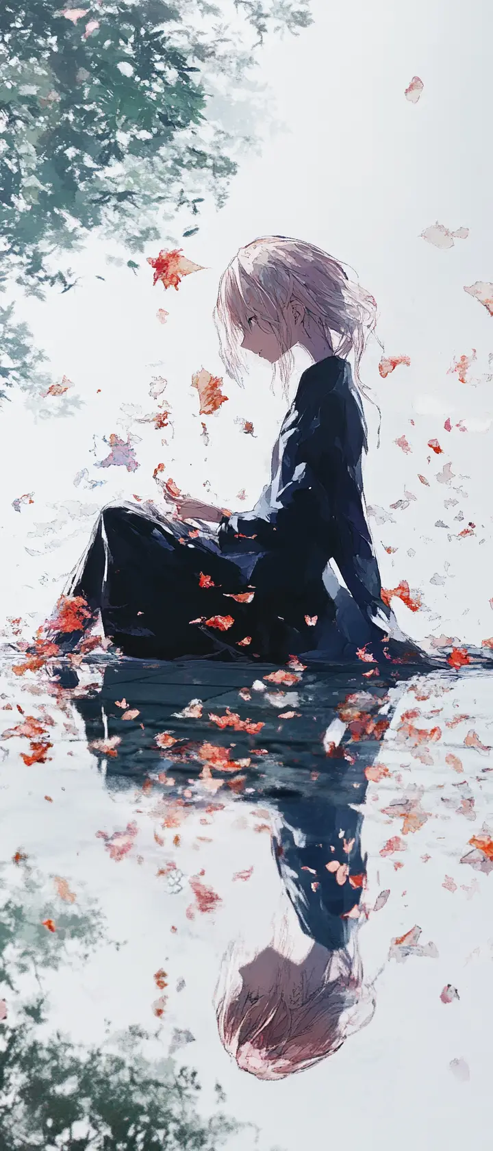 Donna automa in stile anime che riversa emozioni ad acquerello astratto