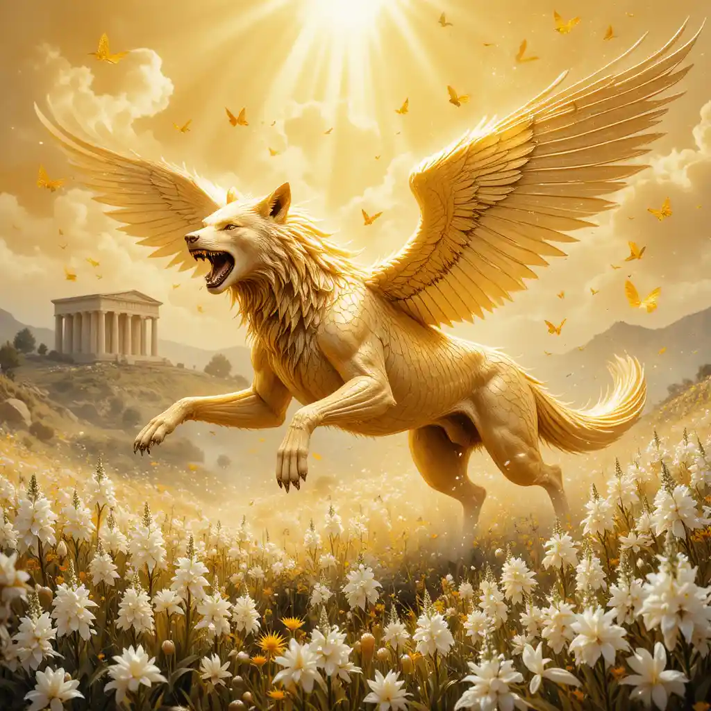 Goldener geflügelter Wolf, der in einer strahlenden Blumenwiese springt