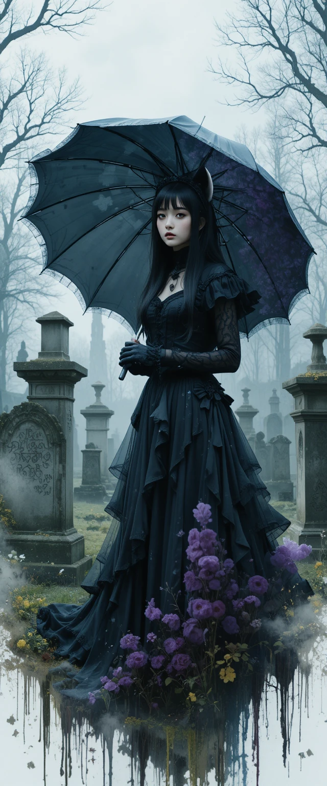 Gothic girl merged with gravestones in a cemetery