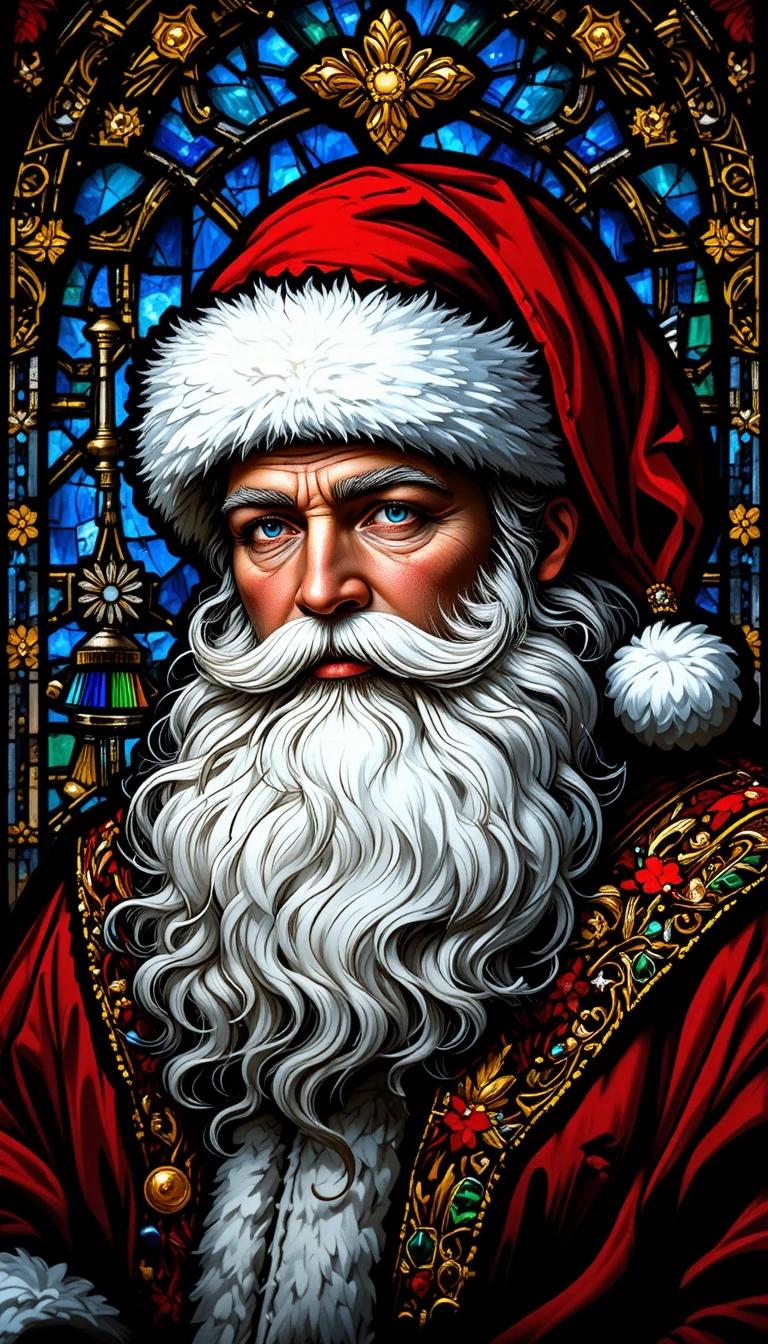 Majestic stained glass portrait of Santa with blue eyes