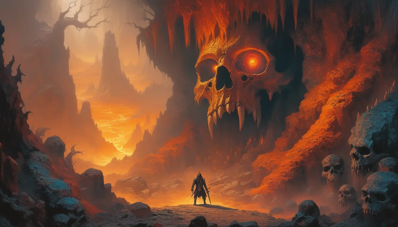 Fantasy warrior at skull cave gate with blazing sword