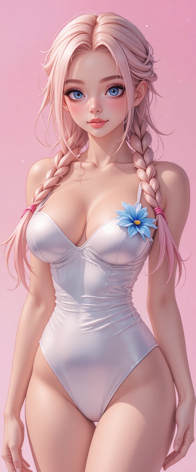 柔和粉色背景中的白色泳裝動漫女孩