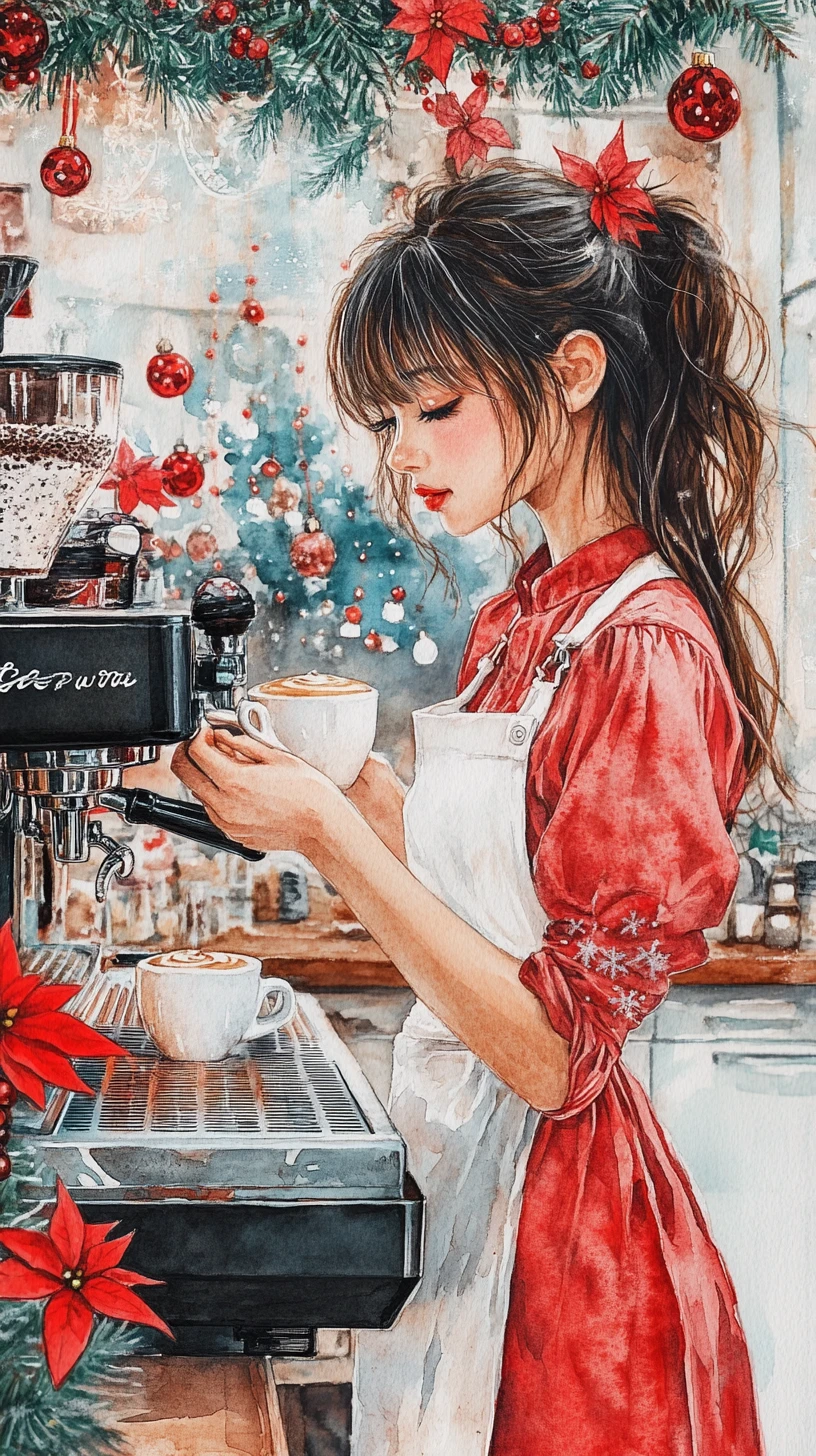 Watercolor girl barista making cappuccino in festive cafe