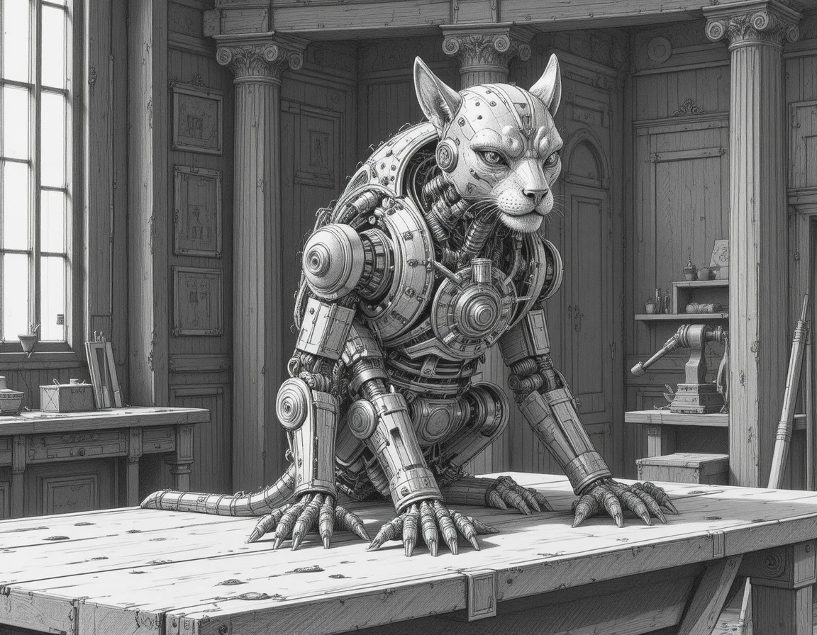 Steampunk Mechanical Feline Standing In A Dark Industrial Room
