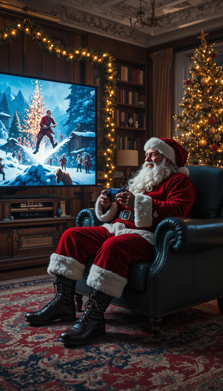 Babbo Natale che gioca alla console in un salotto festivo