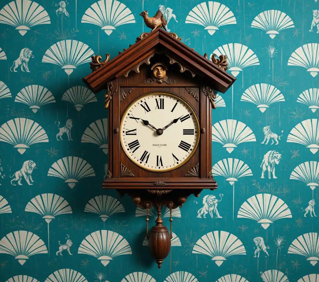 Vintage wooden cuckoo clock on teal patterned wallpaper
