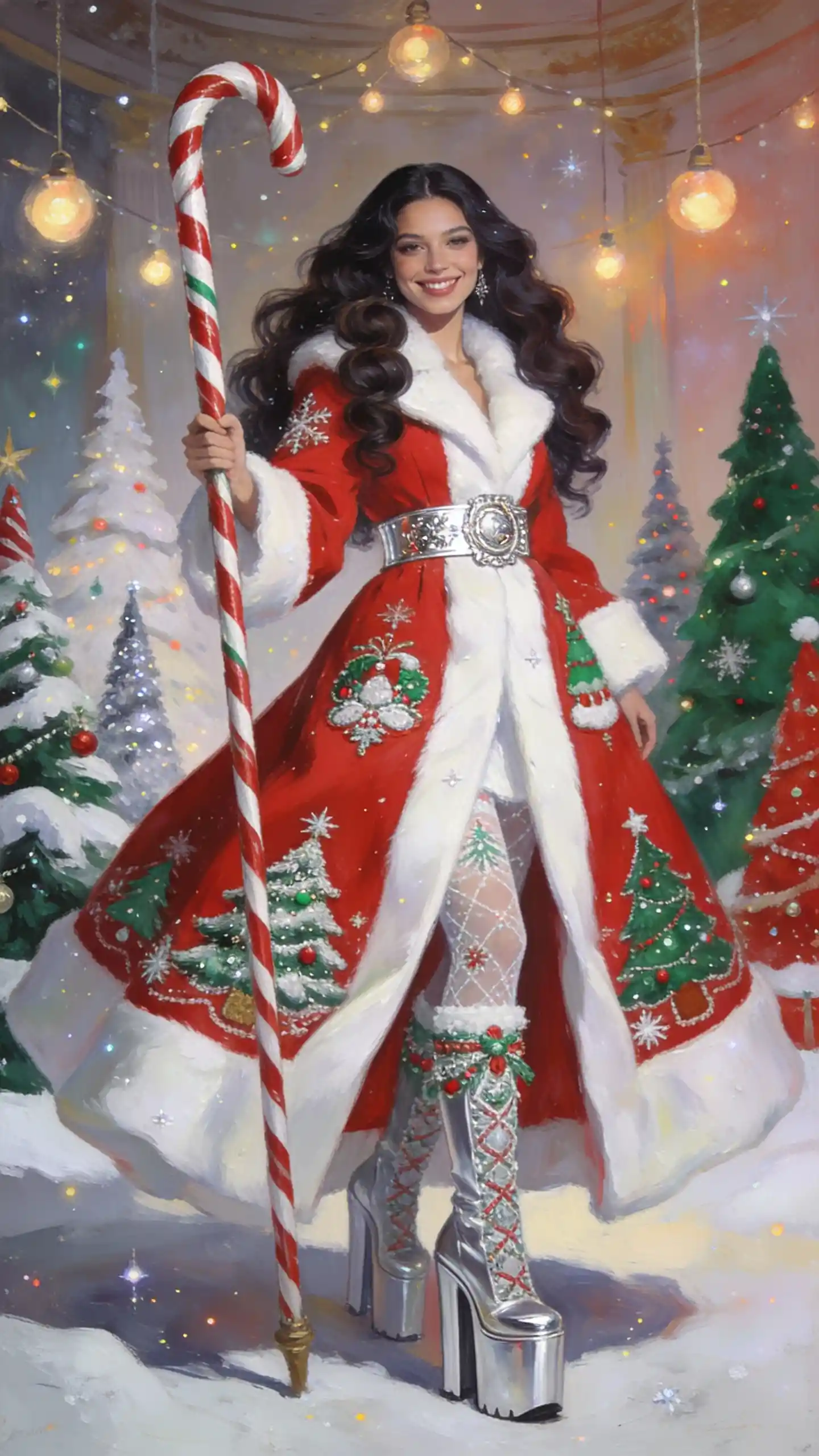 Femme joyeuse en manteau de Noël rouge tenant un bâton en sucre d’orge