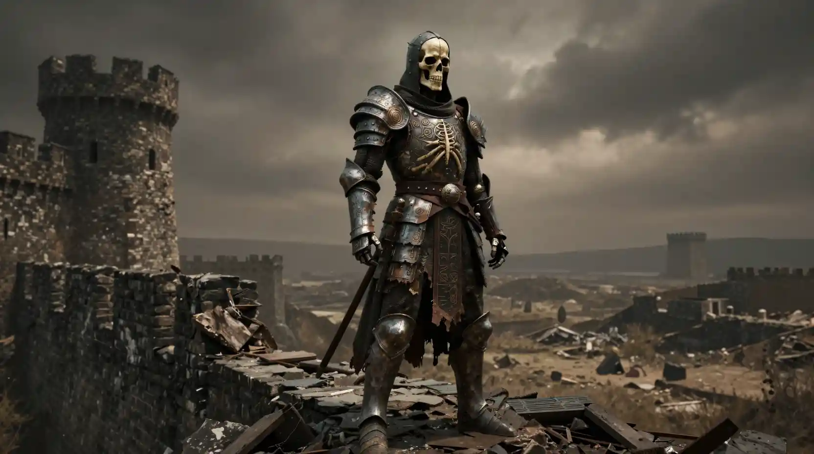 Spectral Skeleton Warrior On A Crumbling Fortress Wall
