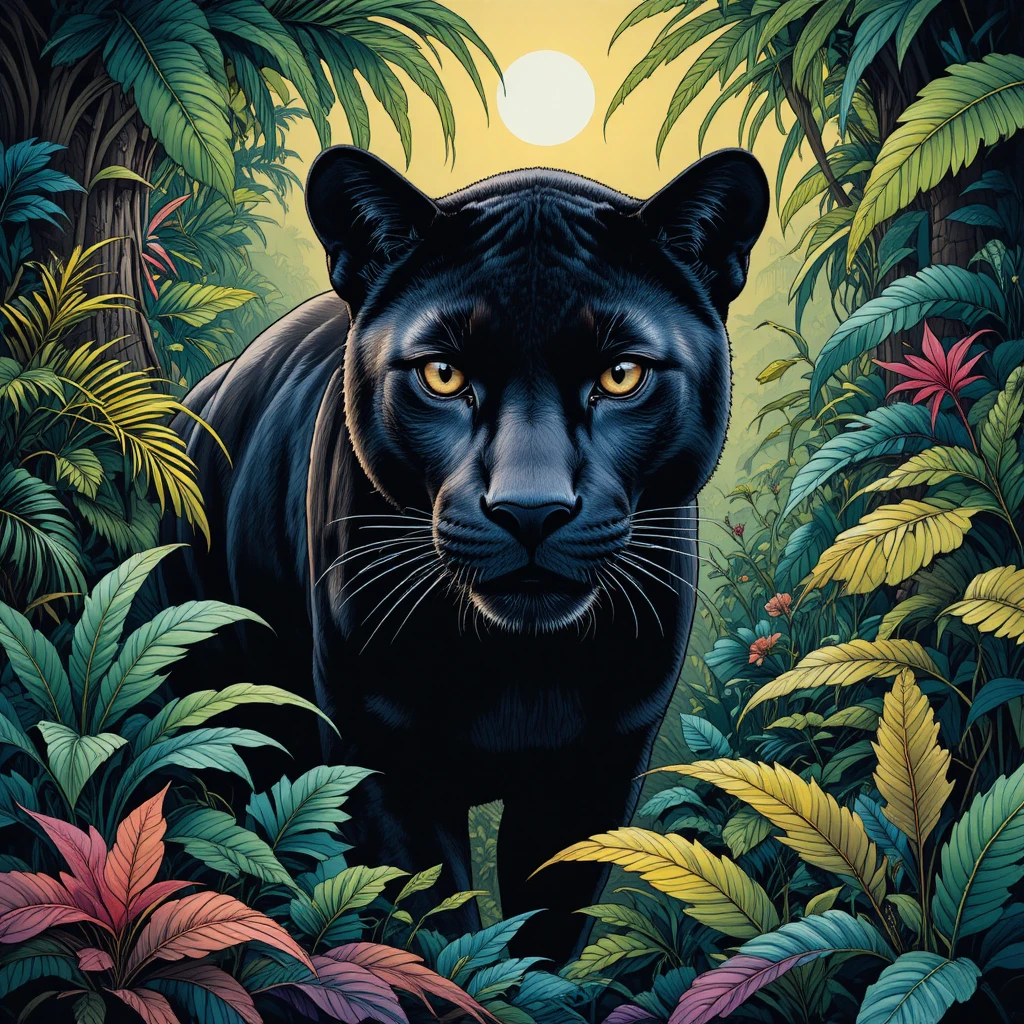 Illustration à l’encre d’une panthère noire dans une jungle luxuriante