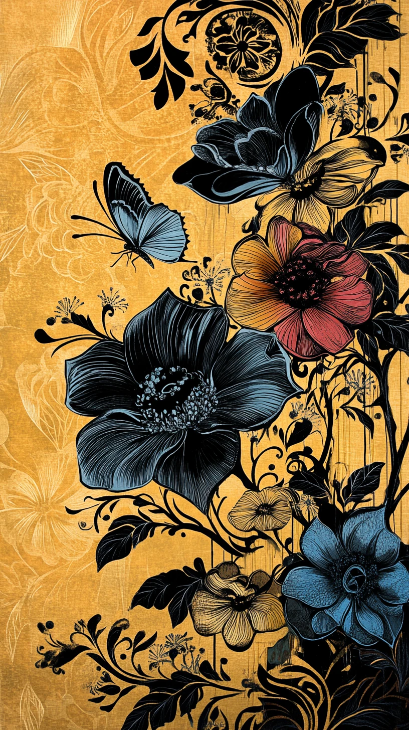 Silhueta floral ousada e borboleta em fundo geométrico dourado