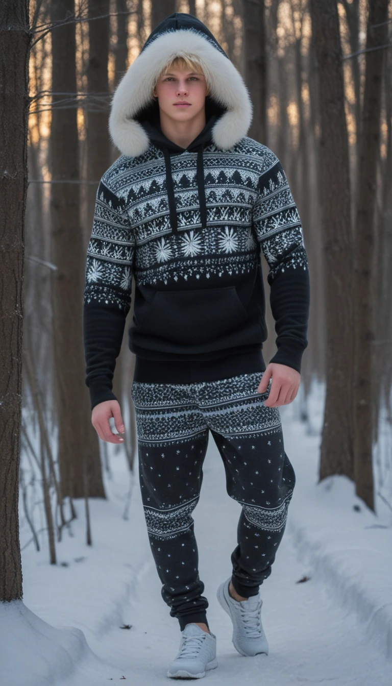 Ragazzo adolescente con leggings in pile che cammina in una foresta invernale