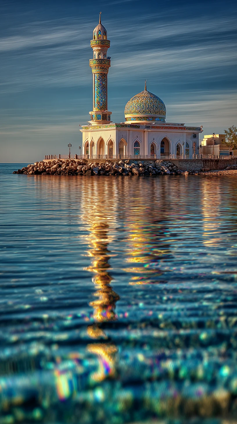 Mesquita de cristal brilhando ao pôr do sol no mar turquesa