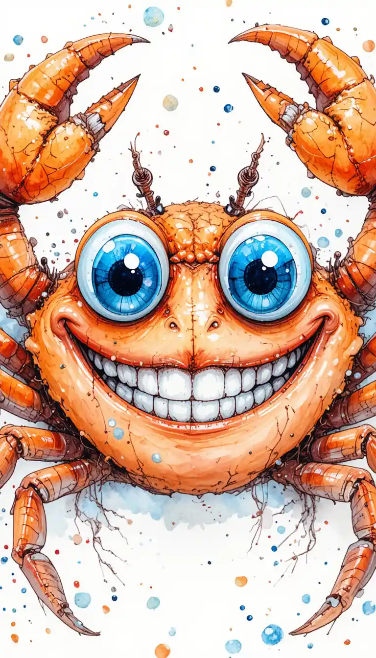 Playful Watercolor Crab With Big Blue Eyes And Smile