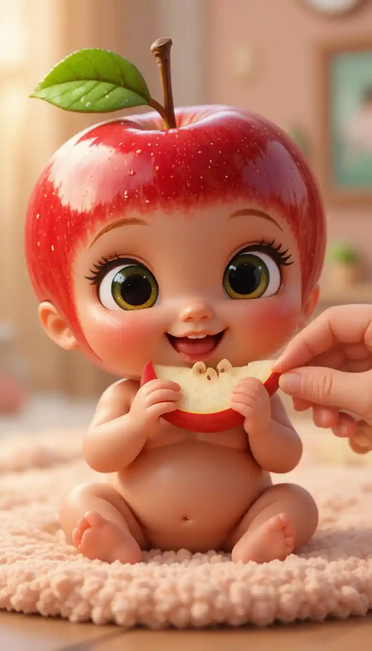 Cute apple headed baby character being fed a slice