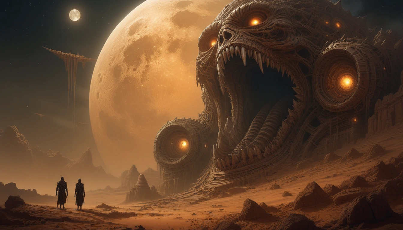 Templo demoníaco colossal com motores em um deserto ao luar