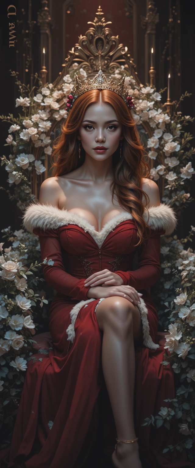 Erhabene Frau im roten Kleid auf einem floralen Thron
