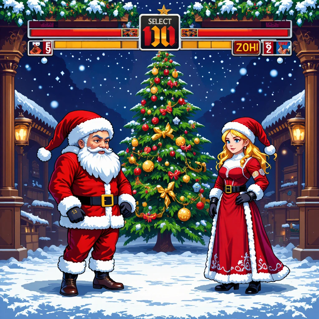 Écran festif de sélection de personnages en pixel art avec décor enneigé