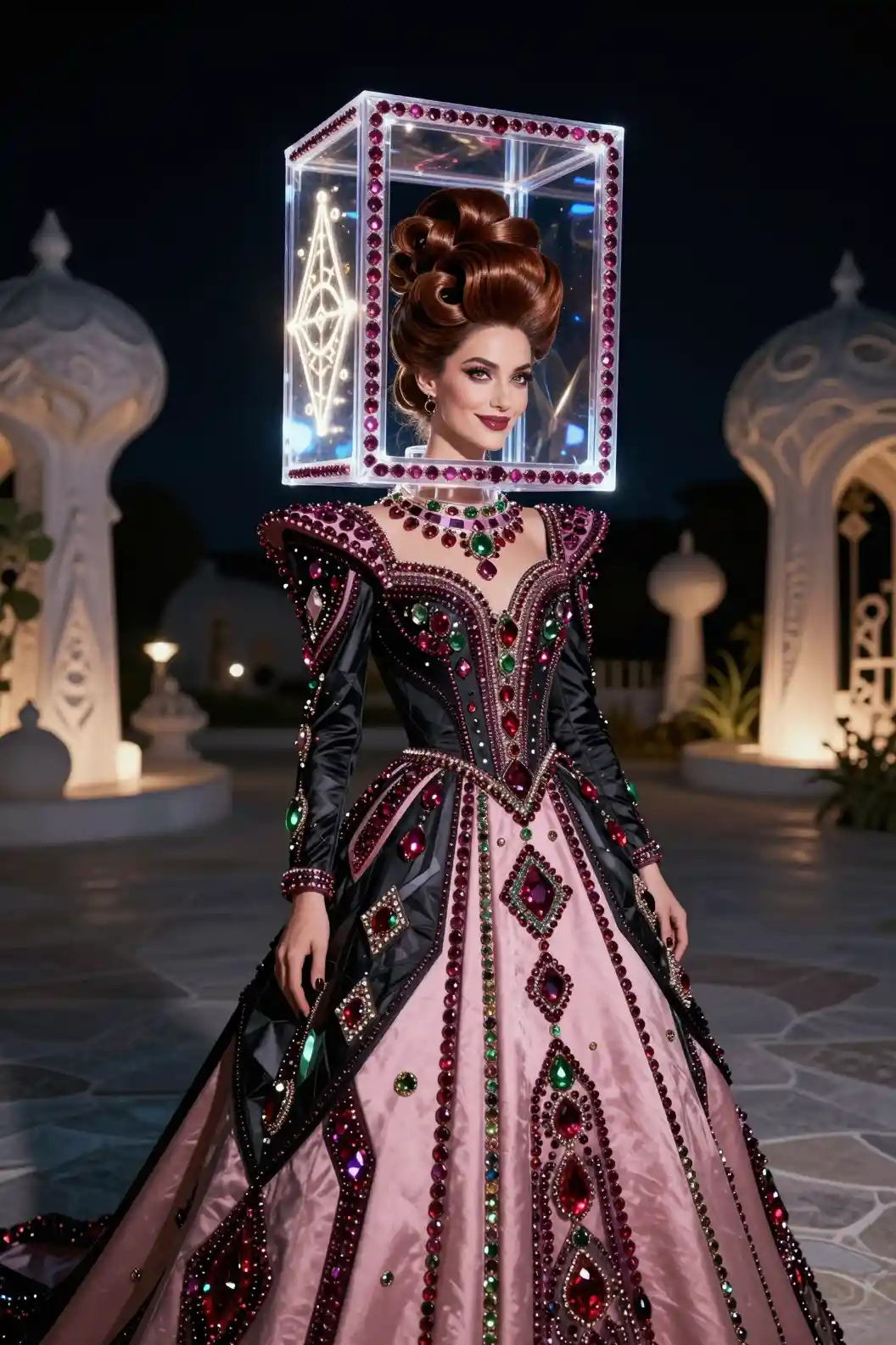 Persian woman in surreal moonlit courtyard couture portrait